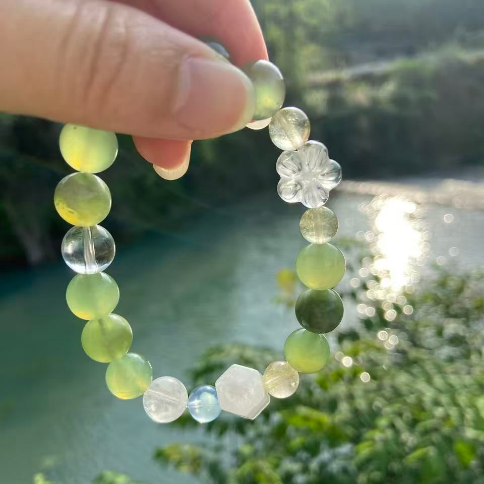 Fangyuan healing crystal bracelet  – Serpentine Jade, Aquamarine & Clear Quartz Flower – handcrafted by Jo's Art Jewelry