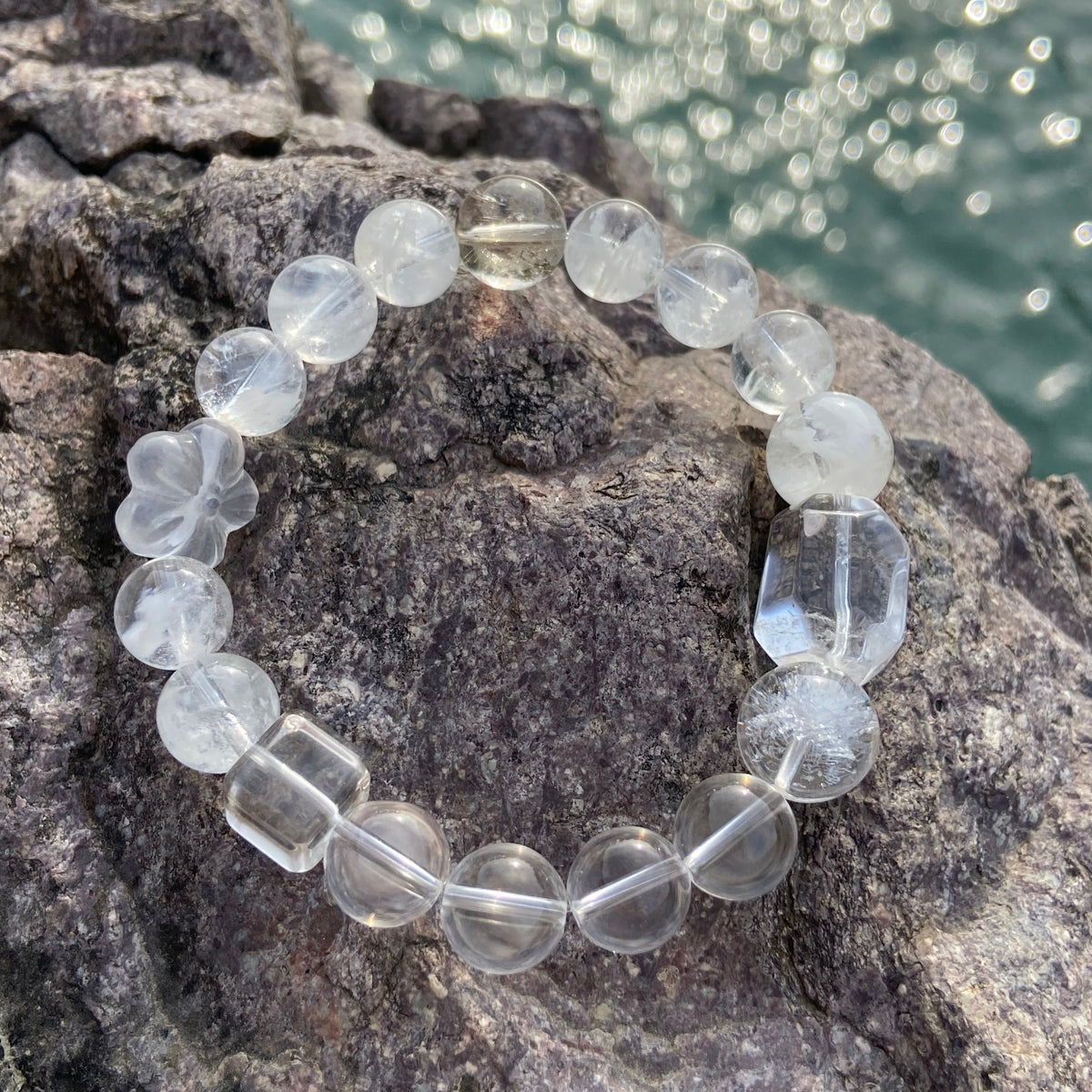 Qingji healing crystal bracelet – White Snowflake Phantom Quartz, Clear Quartz & Gold Rutilated Quartz – handcrafted by Jo's Art Jewelry