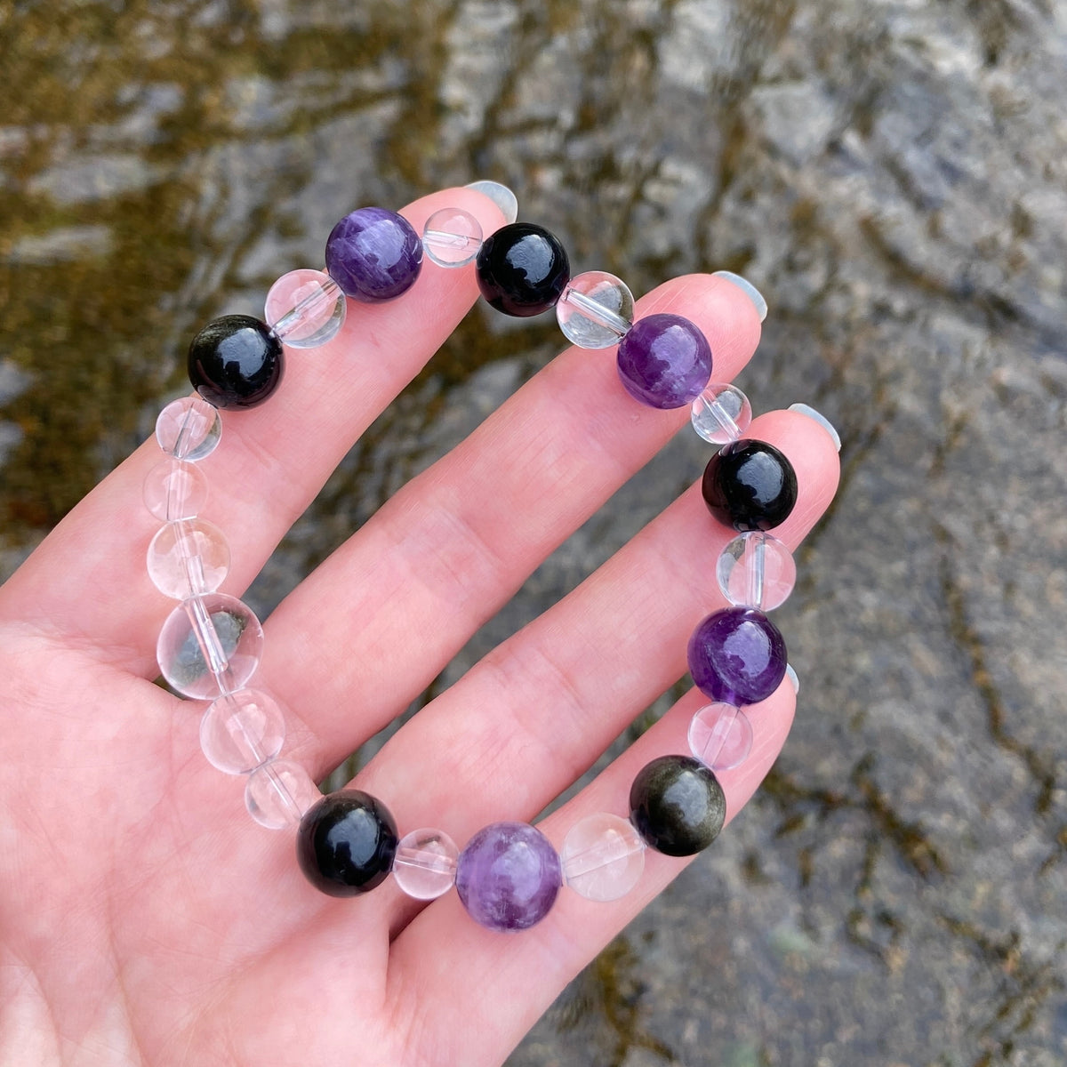 Qinghuan healing crystal bracelet with gold obsidian, amethyst and clear quartz by Jo's Art Jewelry

