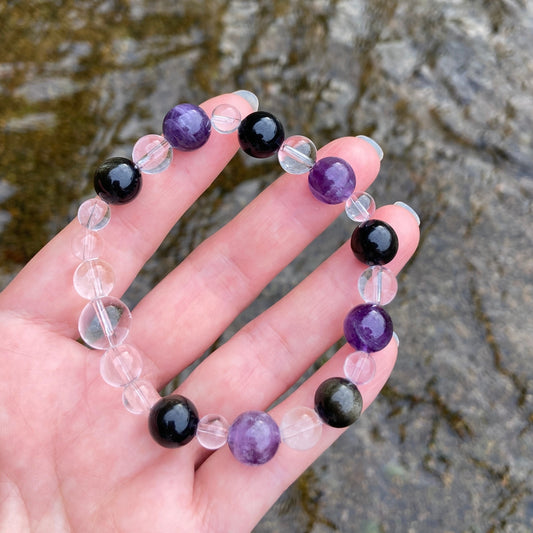 Qinghuan healing crystal bracelet with gold obsidian, amethyst and clear quartz by Jo's Art Jewelry

