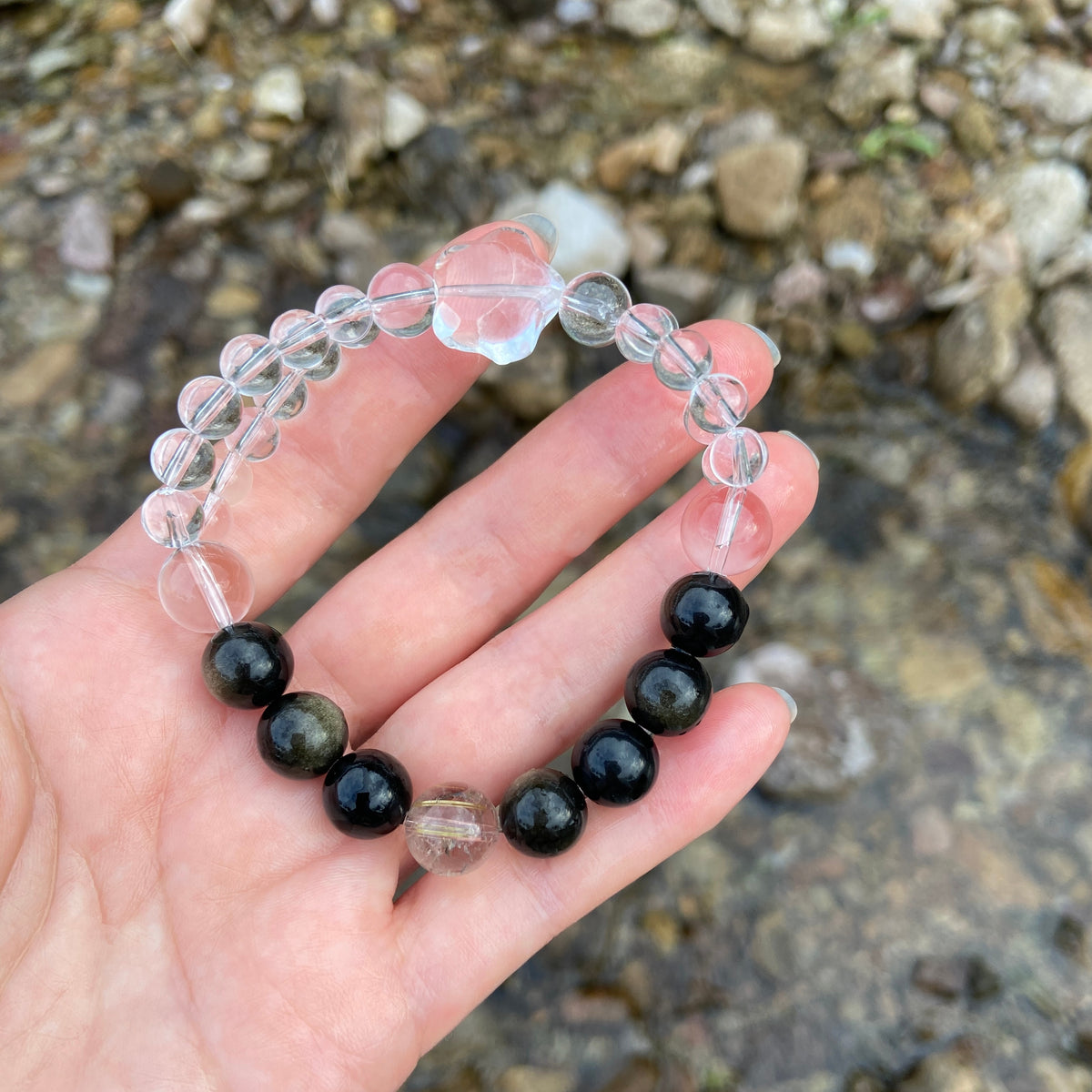 Jibai healing crystal bracelet with gold obsidian, gold rutilated quartz and clear quartz by Jo's Art Jewelry