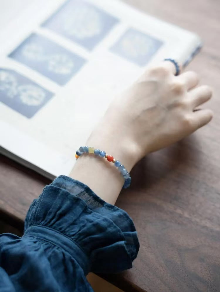 Green tree|  Natural blue quartz tiger-eye red jasper and Tian'er jade Guofeng bracelet