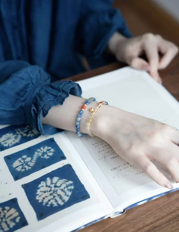 Green tree|  Natural blue quartz tiger-eye red jasper and Tian'er jade Guofeng bracelet