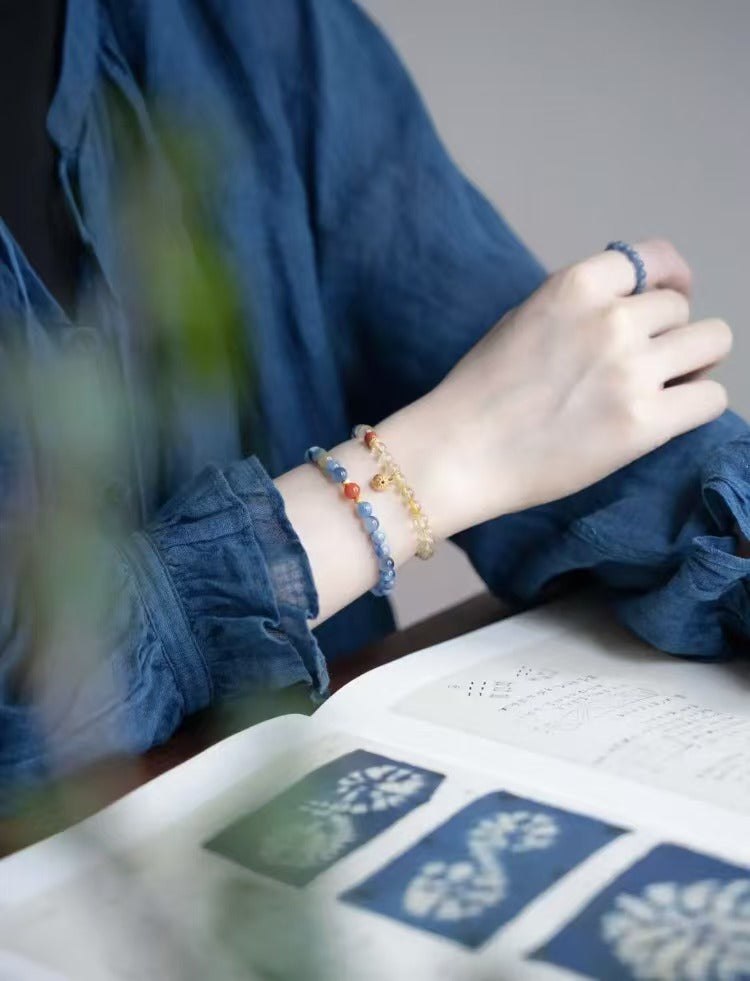 Green tree|  Natural blue quartz tiger-eye red jasper and Tian'er jade Guofeng bracelet