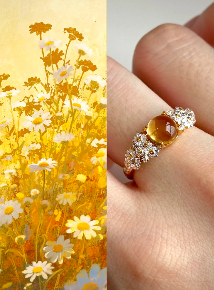【Money Flower】Ring · Brazilian Citrine (No Dyeing No Enhancement) · Solid 925 Silver · Thick Real Gold Plating