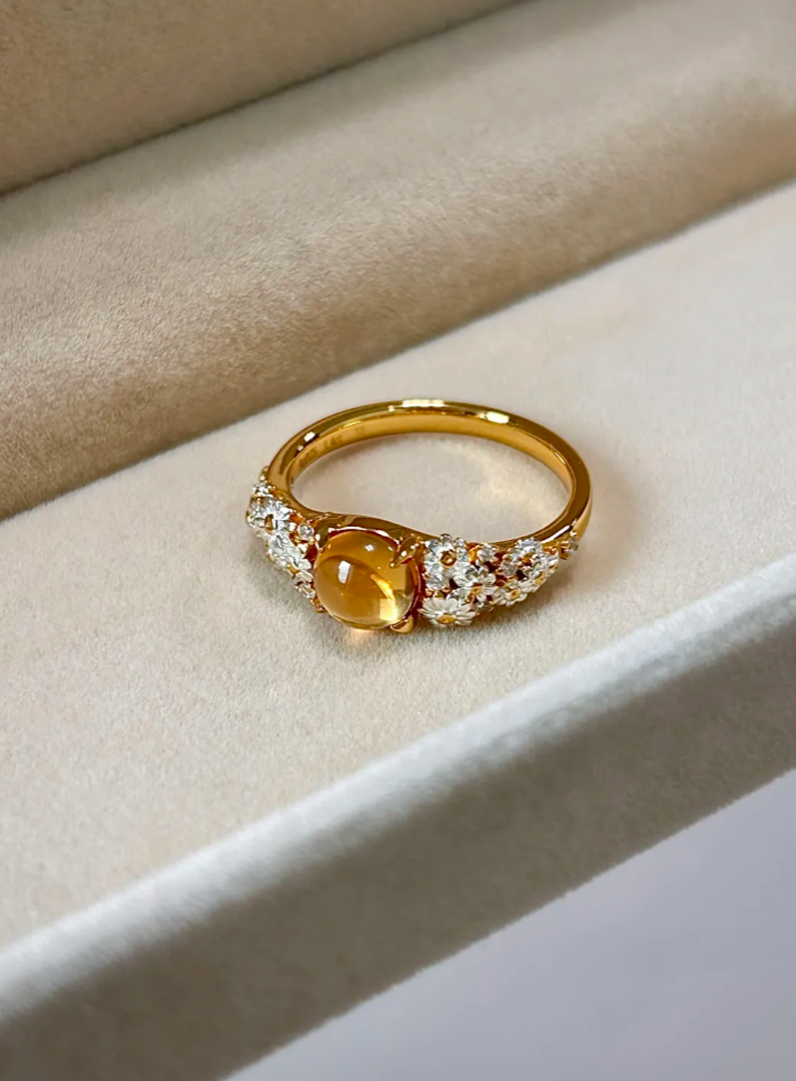 【Money Flower】Ring · Brazilian Citrine (No Dyeing No Enhancement) · Solid 925 Silver · Thick Real Gold Plating