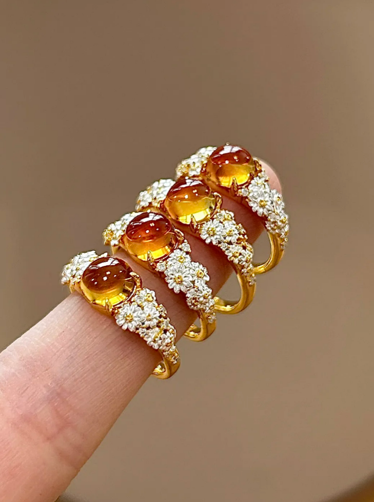 【Money Flower】Ring · Brazilian Citrine (No Dyeing No Enhancement) · Solid 925 Silver · Thick Real Gold Plating