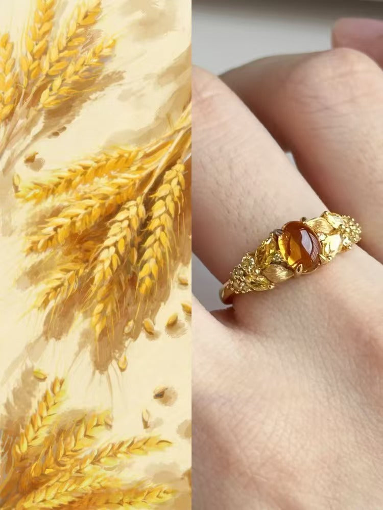 [Harvest Wheat] Ring · Brazilian Citrine (Unheated & Untreated) · 925 Sterling Silver · Thick Gold Plated