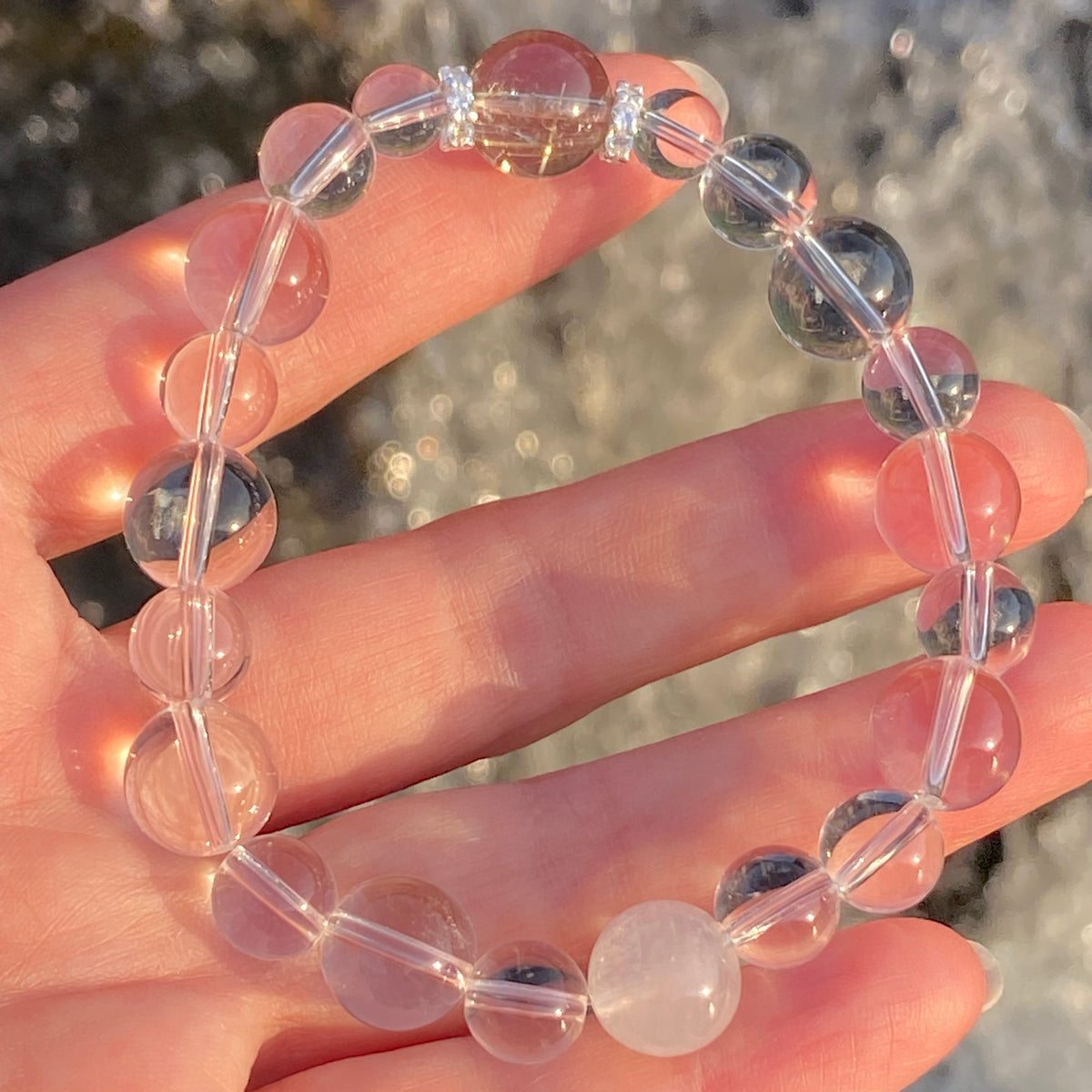 "Qingjiang natural crystal healing bracelet with gold rutilated quartz, blue moonstone and clear quartz by Jo's Art Jewelry"