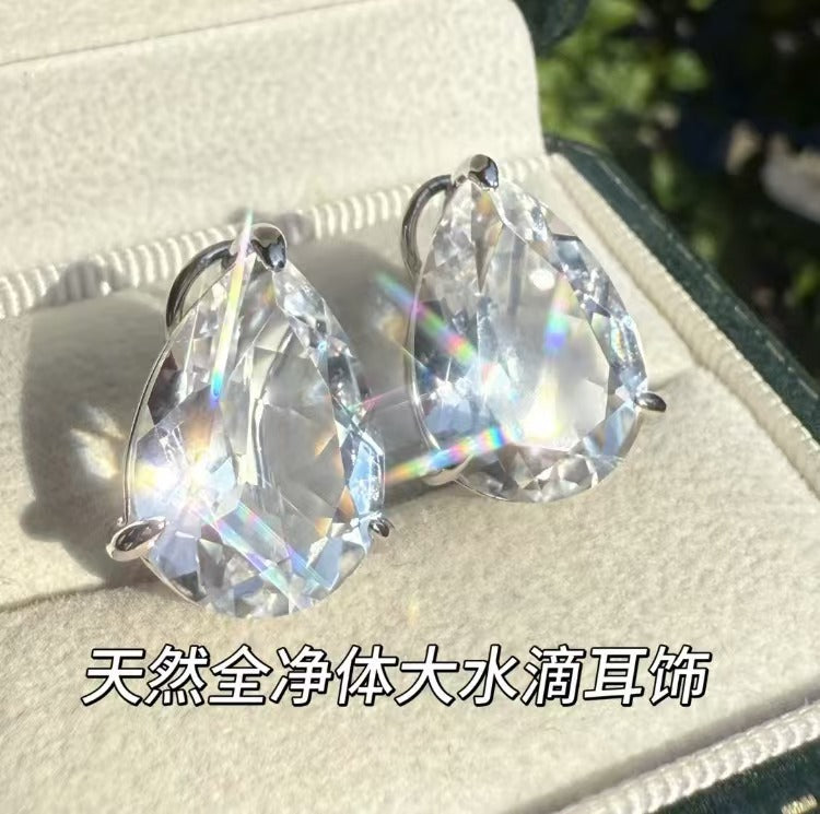 Natural Unenhanced Full-Clarity White Crystal Large Teardrop Earrings S925 Silver Commuter Hoops