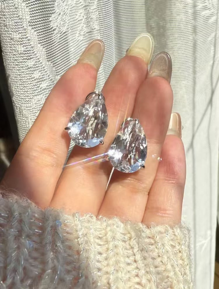 Natural Unenhanced Full-Clarity White Crystal Large Teardrop Earrings S925 Silver Commuter Hoops
