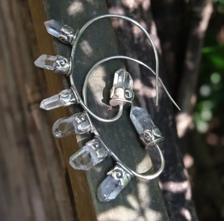 Nepal 925 Silver Ganesha Mountain Crystal Hoop Earrings Pair