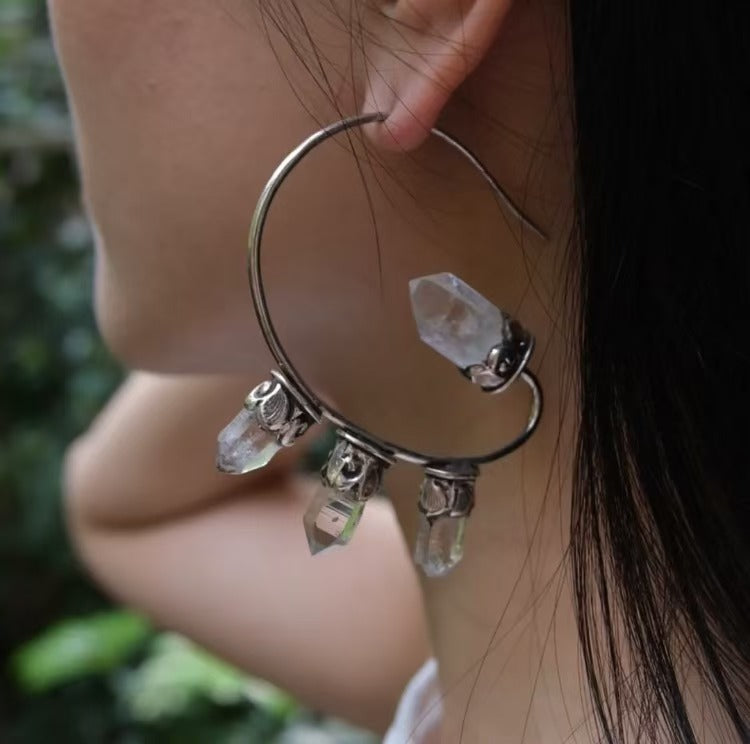 Nepal 925 Silver Ganesha Mountain Crystal Hoop Earrings Pair