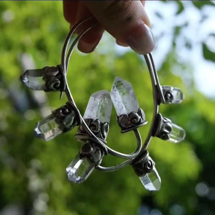 Nepal 925 Silver Ganesha Mountain Crystal Hoop Earrings Pair