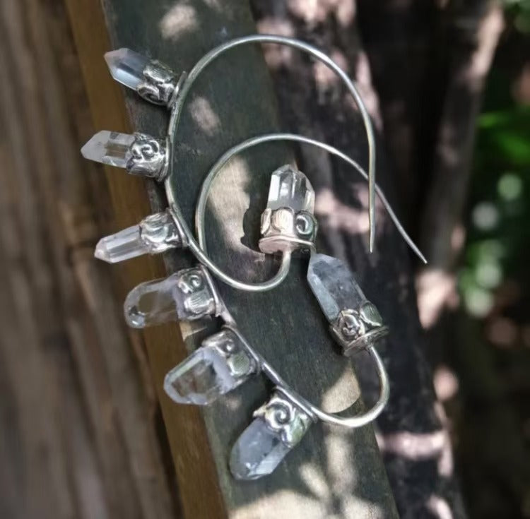 Nepal 925 Silver Ganesha Mountain Crystal Hoop Earrings Pair