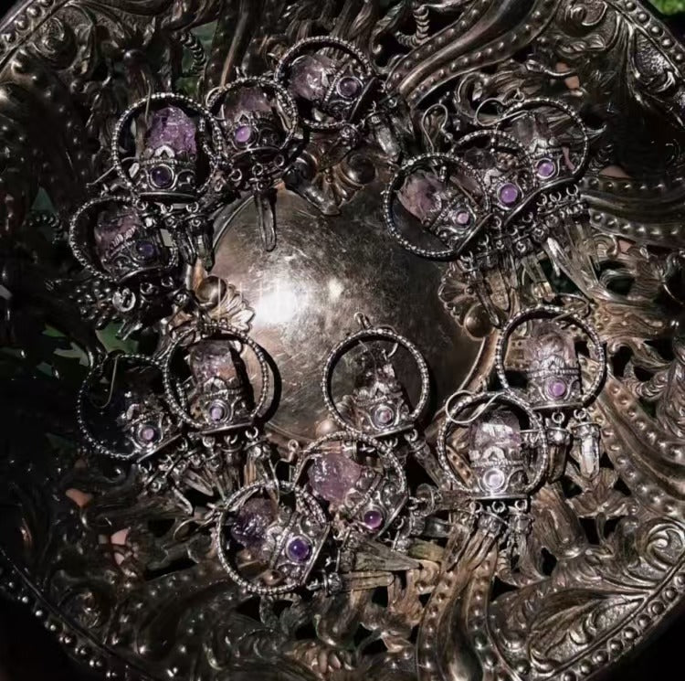 Nepal 925 Silver Handmade Vintage Ganesha Mountain White Crystal Purple Crystal Dreamcatcher Earrings (Pair)