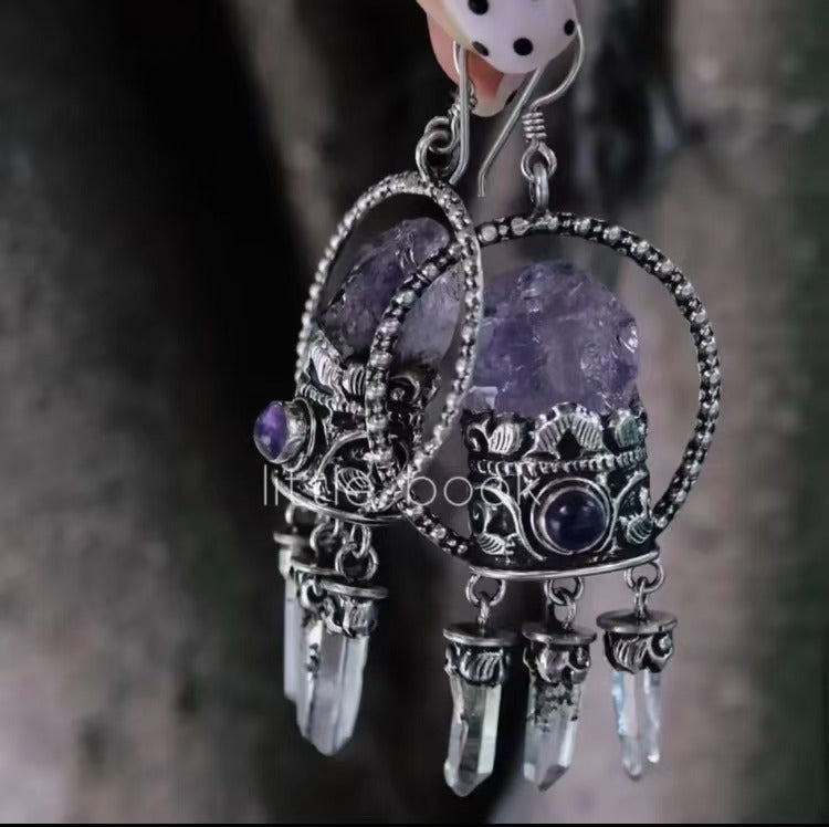 Nepal 925 Silver Handmade Vintage Ganesha Mountain White Crystal Purple Crystal Dreamcatcher Earrings (Pair)