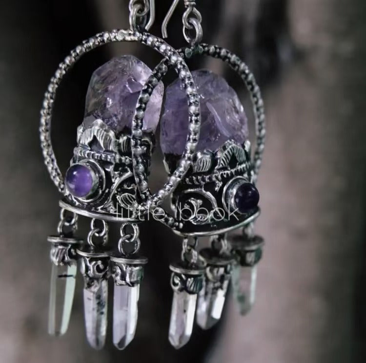 Nepal 925 Silver Handmade Vintage Ganesha Mountain White Crystal Purple Crystal Dreamcatcher Earrings (Pair)