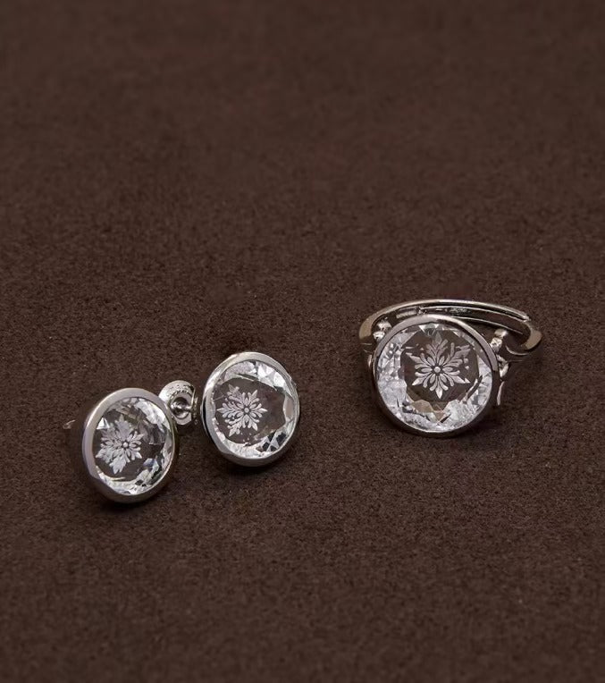 White Crystal Carved Snowflake Luxury Set S925 Silver Necklace Choker Ring New Year Christmas Gift