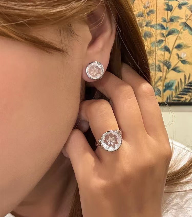 White Crystal Carved Snowflake Luxury Set S925 Silver Necklace Choker Ring New Year Christmas Gift