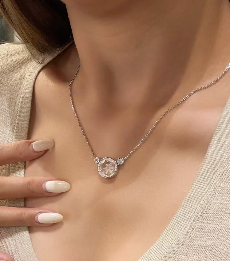 White Crystal Carved Snowflake Luxury Set S925 Silver Necklace Choker Ring New Year Christmas Gift