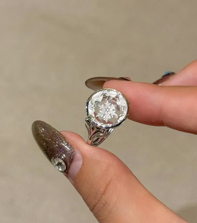 White Crystal Carved Snowflake Luxury Set S925 Silver Necklace Choker Ring New Year Christmas Gift