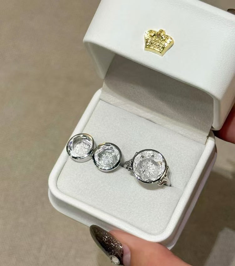 White Crystal Carved Snowflake Luxury Set S925 Silver Necklace Choker Ring New Year Christmas Gift