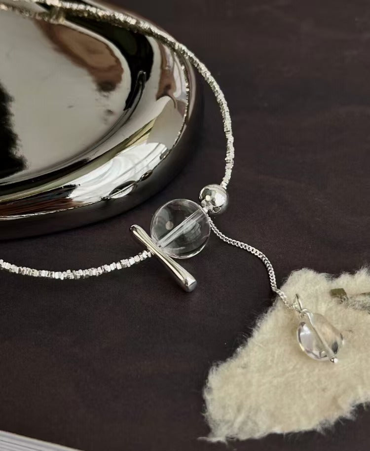 S925 Sterling Silver 'Swaying White Water' Handmade Beaded Silver Chips White Crystal Tassel Necklace Choker Sweater Chain