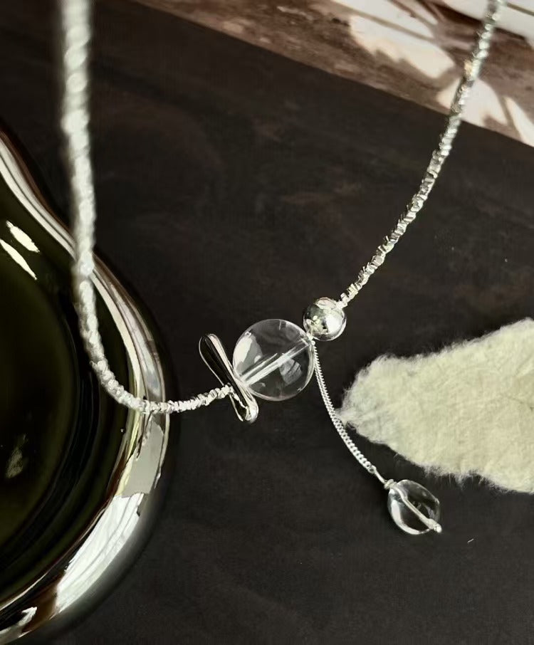 S925 Sterling Silver 'Swaying White Water' Handmade Beaded Silver Chips White Crystal Tassel Necklace Choker Sweater Chain