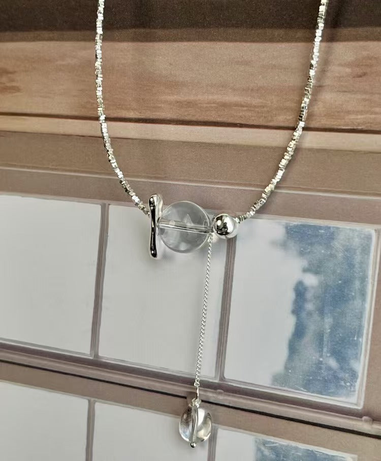 S925 Sterling Silver 'Swaying White Water' Handmade Beaded Silver Chips White Crystal Tassel Necklace Choker Sweater Chain