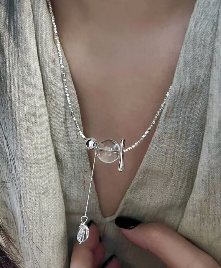S925 Sterling Silver 'Swaying White Water' Handmade Beaded Silver Chips White Crystal Tassel Necklace Choker Sweater Chain