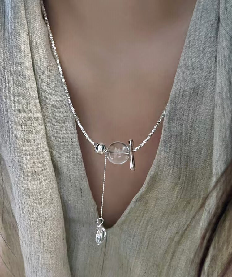 S925 Sterling Silver 'Swaying White Water' Handmade Beaded Silver Chips White Crystal Tassel Necklace Choker Sweater Chain
