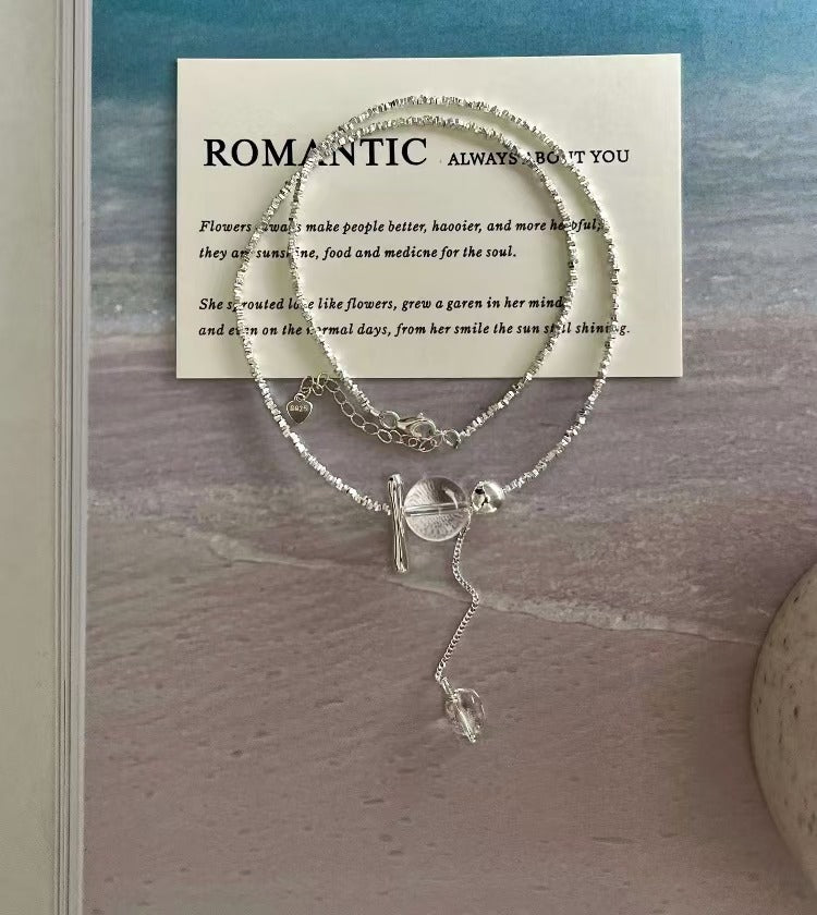 S925 Sterling Silver 'Swaying White Water' Handmade Beaded Silver Chips White Crystal Tassel Necklace Choker Sweater Chain