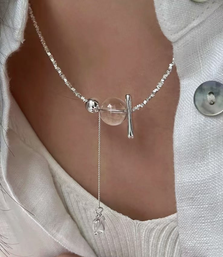 S925 Sterling Silver 'Swaying White Water' Handmade Beaded Silver Chips White Crystal Tassel Necklace Choker Sweater Chain
