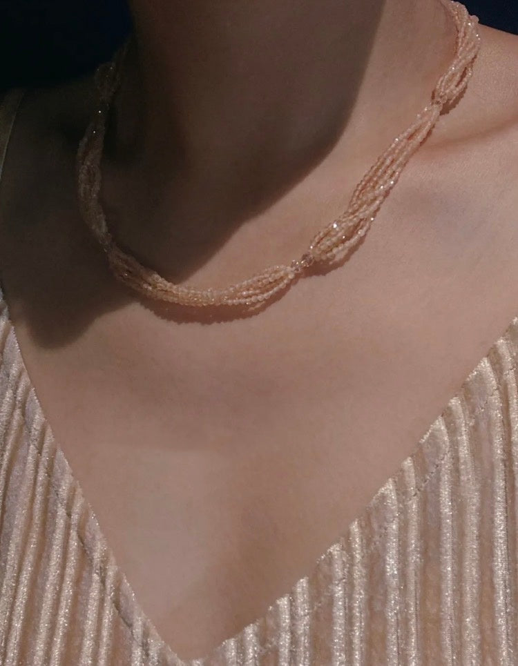 Original Handmade French Vintage Elegant Nude Pink Multi-Layer Shimmer Crystal Beaded Necklace Choker