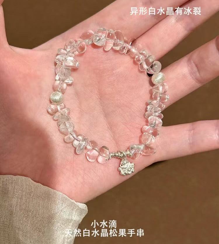 Little Water Drop Natural White Crystal Pinecone Handmade 925 Silver Bracelet - Birthday Gift for Women