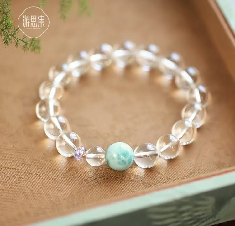 Song Ling Bracelet - Natural Brazilian Fully Transparent White Crystal with Natural Larimar & Amethyst Gift