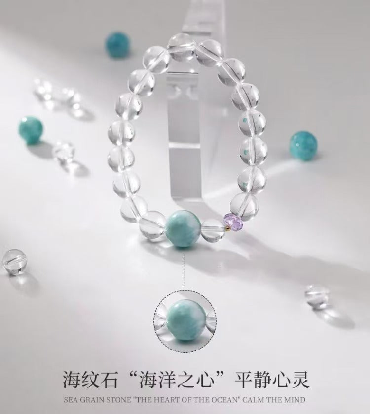 Song Ling Bracelet - Natural Brazilian Fully Transparent White Crystal with Natural Larimar & Amethyst Gift