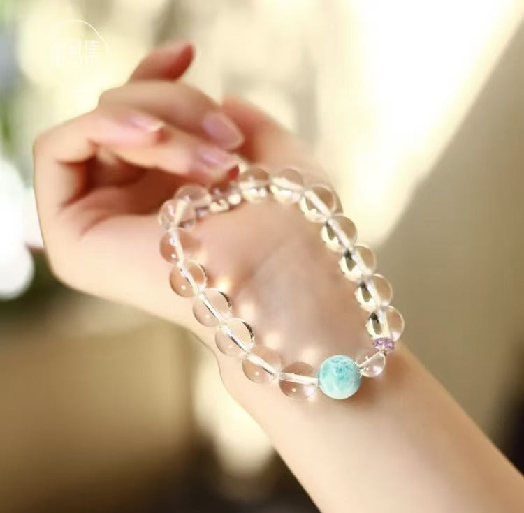 Song Ling Bracelet - Natural Brazilian Fully Transparent White Crystal with Natural Larimar & Amethyst Gift