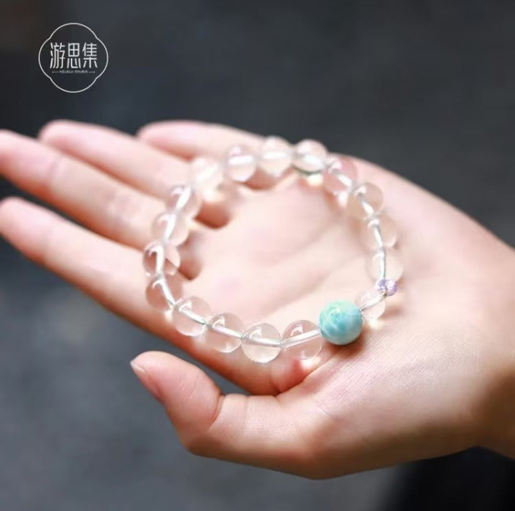 Song Ling Bracelet - Natural Brazilian Fully Transparent White Crystal with Natural Larimar & Amethyst Gift