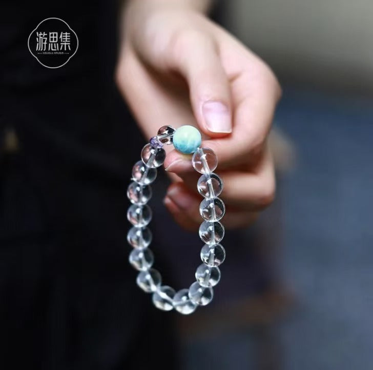 Song Ling Bracelet - Natural Brazilian Fully Transparent White Crystal with Natural Larimar & Amethyst Gift