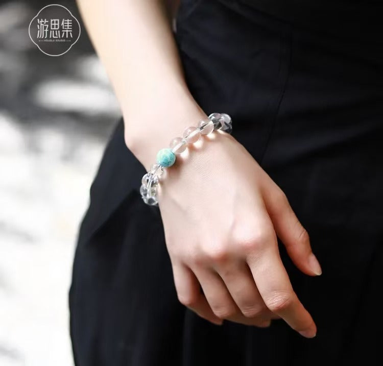 Song Ling Bracelet - Natural Brazilian Fully Transparent White Crystal with Natural Larimar & Amethyst Gift