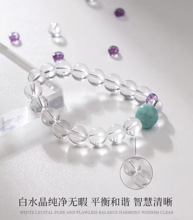 Song Ling Bracelet - Natural Brazilian Fully Transparent White Crystal with Natural Larimar & Amethyst Gift