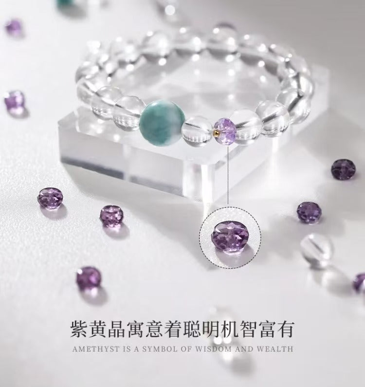 Song Ling Bracelet - Natural Brazilian Fully Transparent White Crystal with Natural Larimar & Amethyst Gift