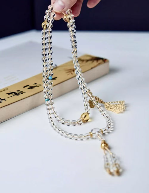 [Golden Gourd] Fortune & Wealth Enhancement Natural White Crystal Double-A Grade Fully Clear 108 Prayer Beads Multi-Wrap Bracelet