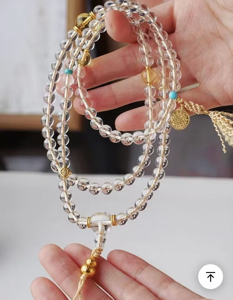 [Golden Gourd] Fortune & Wealth Enhancement Natural White Crystal Double-A Grade Fully Clear 108 Prayer Beads Multi-Wrap Bracelet