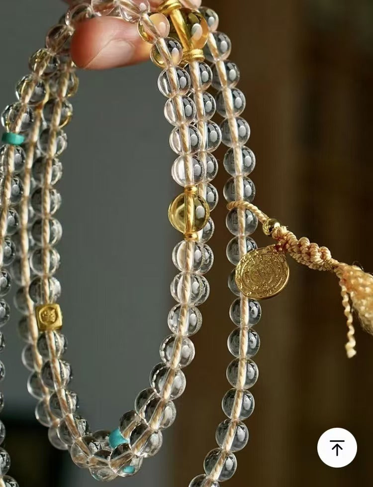 [Golden Gourd] Fortune & Wealth Enhancement Natural White Crystal Double-A Grade Fully Clear 108 Prayer Beads Multi-Wrap Bracelet