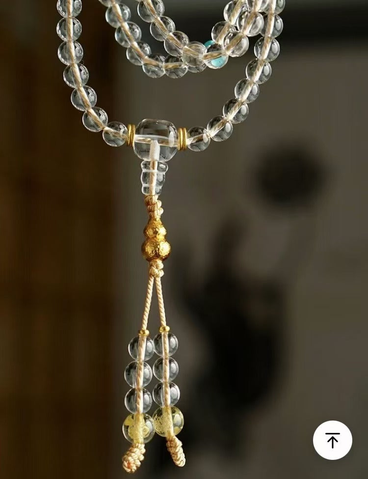 [Golden Gourd] Fortune & Wealth Enhancement Natural White Crystal Double-A Grade Fully Clear 108 Prayer Beads Multi-Wrap Bracelet