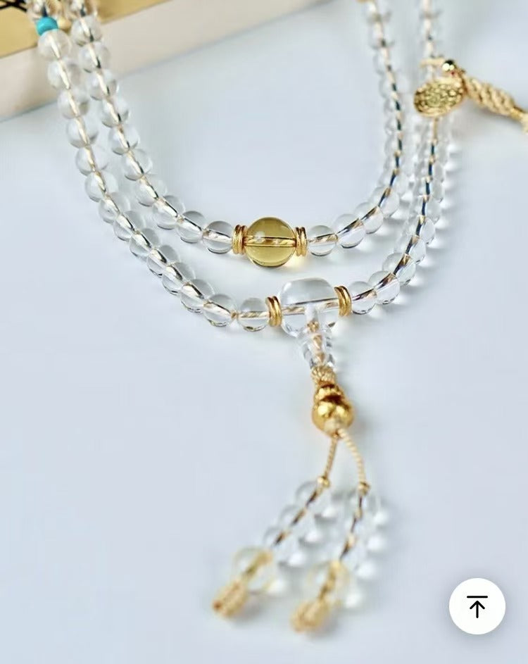 [Golden Gourd] Fortune & Wealth Enhancement Natural White Crystal Double-A Grade Fully Clear 108 Prayer Beads Multi-Wrap Bracelet