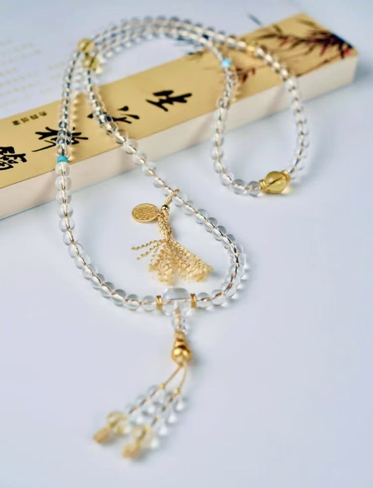 [Golden Gourd] Fortune & Wealth Enhancement Natural White Crystal Double-A Grade Fully Clear 108 Prayer Beads Multi-Wrap Bracelet
